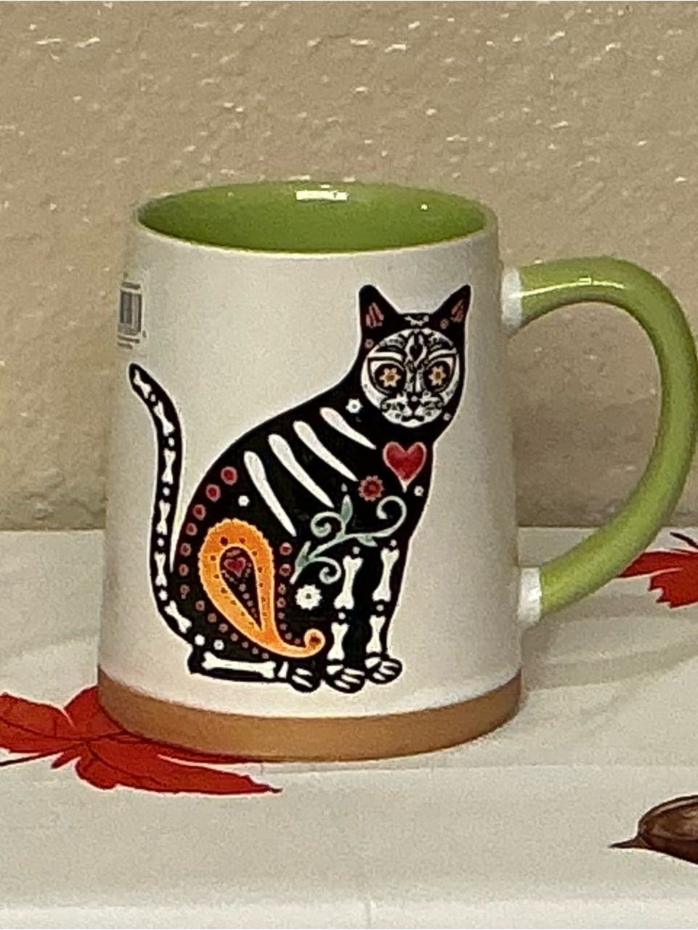 Black Cat Day of the Dead Etched Ceramic Mug - Green Interior & Handle. NWOT